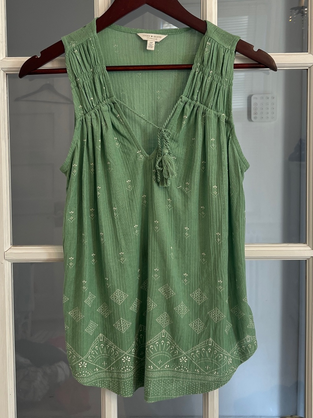 LUCKY BRAND Women’s Green Boho Border Print Tassel Tie Sleeveless Tunic Top S